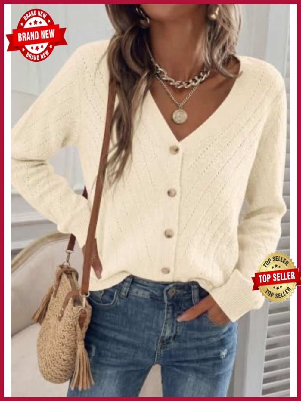 Women's Knit Cardigan V-Neck Long Sleeve Button Up Open Front Elastic-Blend - Picture 2 of 6